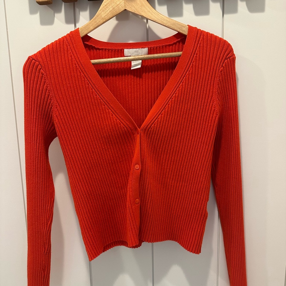 Women’s Red Ribbed V-Neck Button Cardigan Sweater